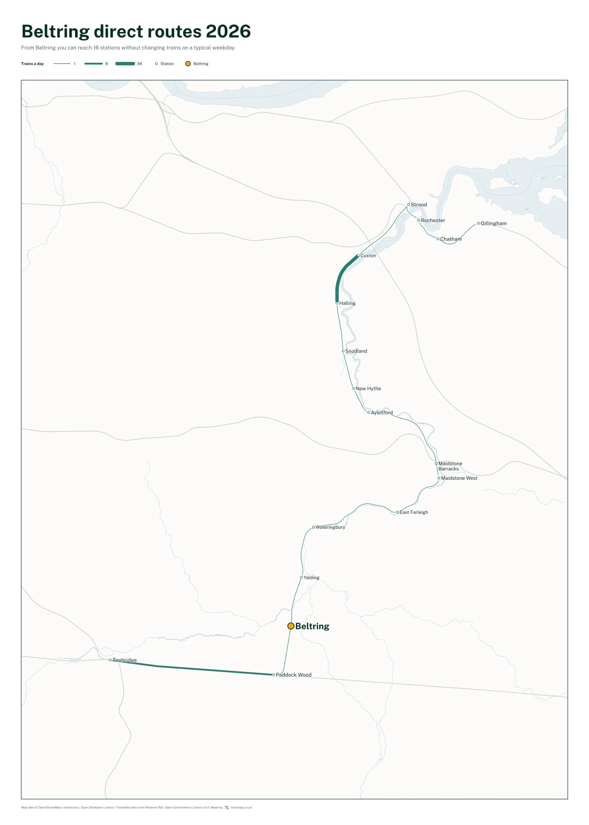 Beltring direct routes 2026: a map of every station you can reach from Beltring without changing trains, the lines thicker where more trains run
