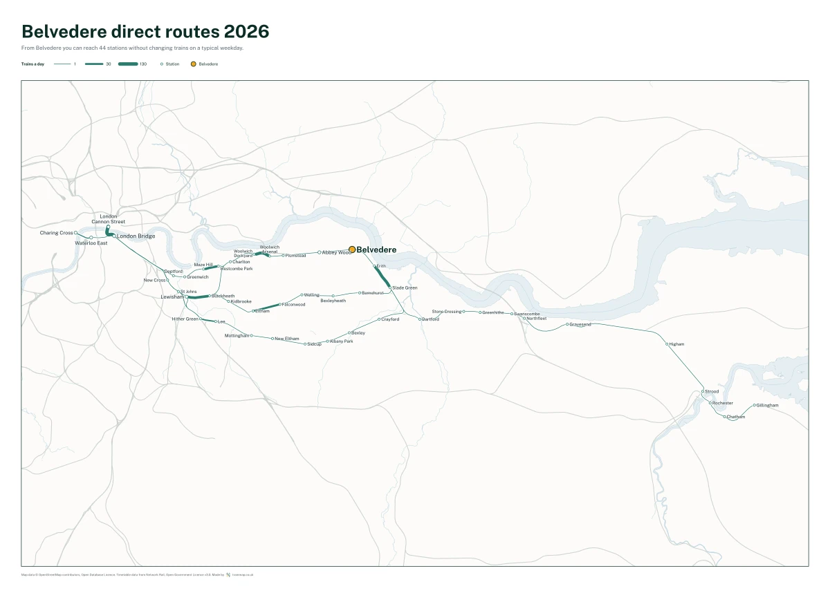 Belvedere direct routes 2026: a map of every station you can reach from Belvedere without changing trains, the lines thicker where more trains run