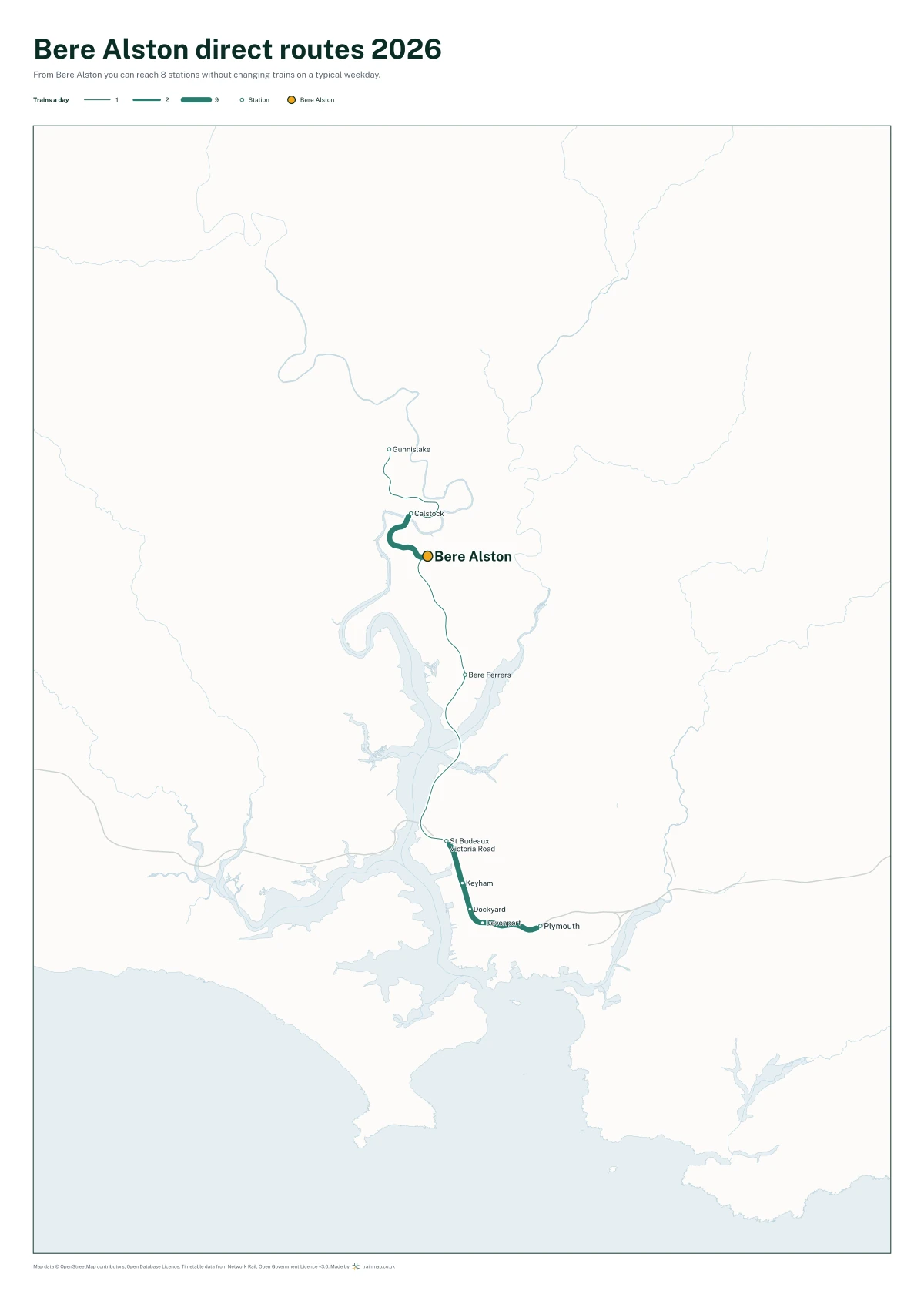 Bere Alston direct routes 2026: a map of every station you can reach from Bere Alston without changing trains, the lines thicker where more trains run