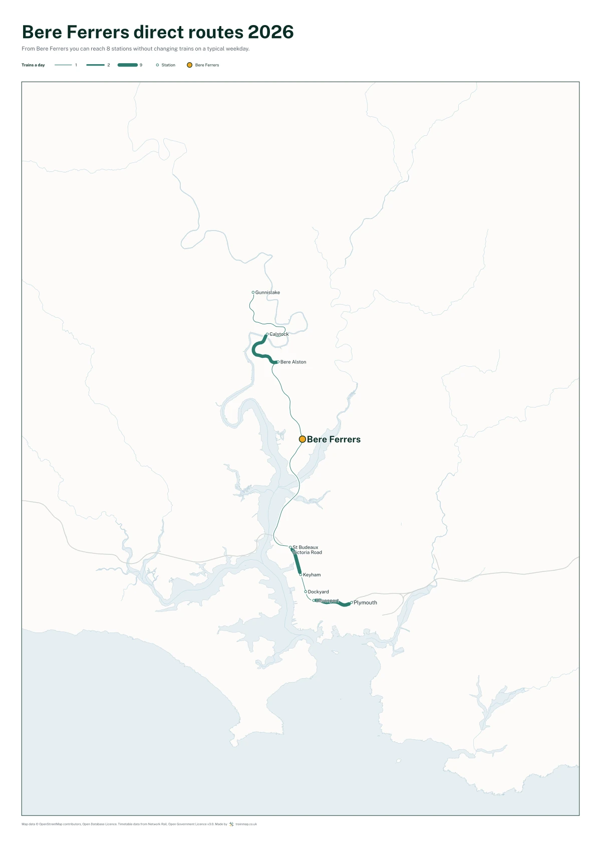 Bere Ferrers direct routes 2026: a map of every station you can reach from Bere Ferrers without changing trains, the lines thicker where more trains run