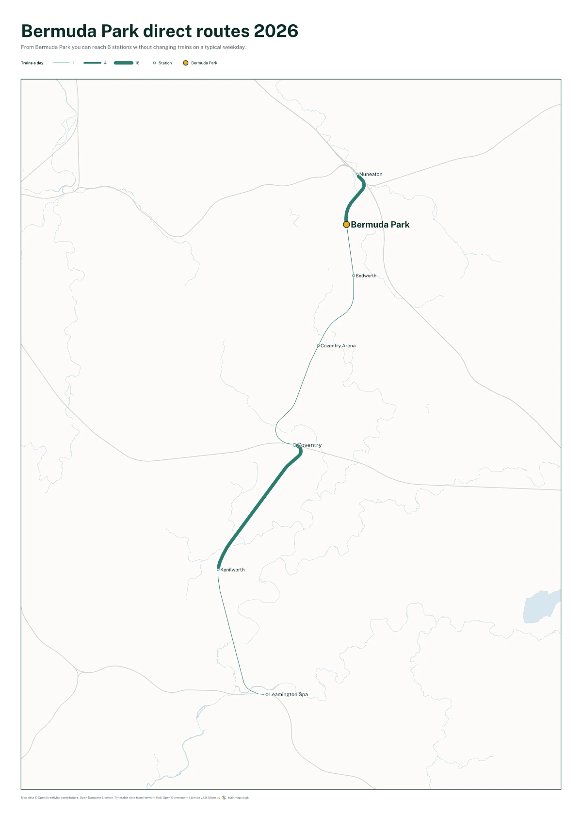 Bermuda Park direct routes 2026: a map of every station you can reach from Bermuda Park without changing trains, the lines thicker where more trains run