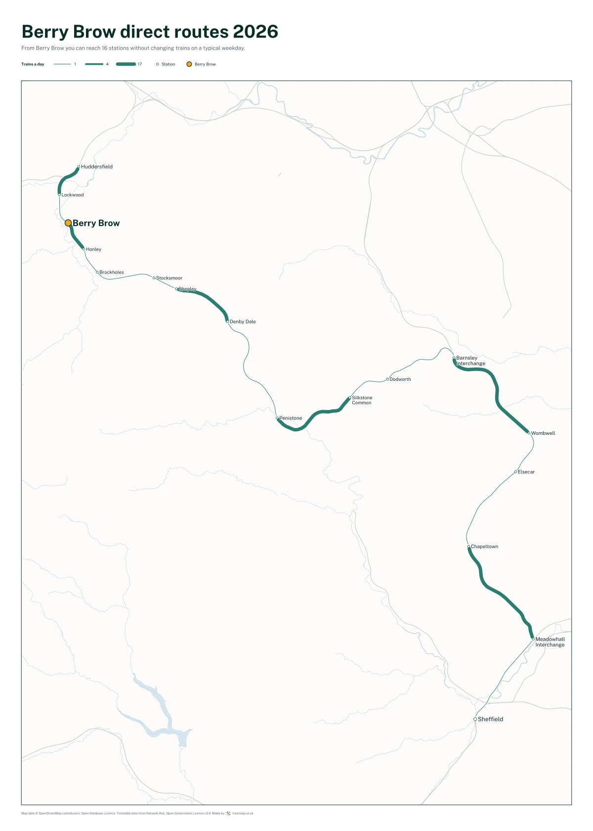 Berry Brow direct routes 2026: a map of every station you can reach from Berry Brow without changing trains, the lines thicker where more trains run