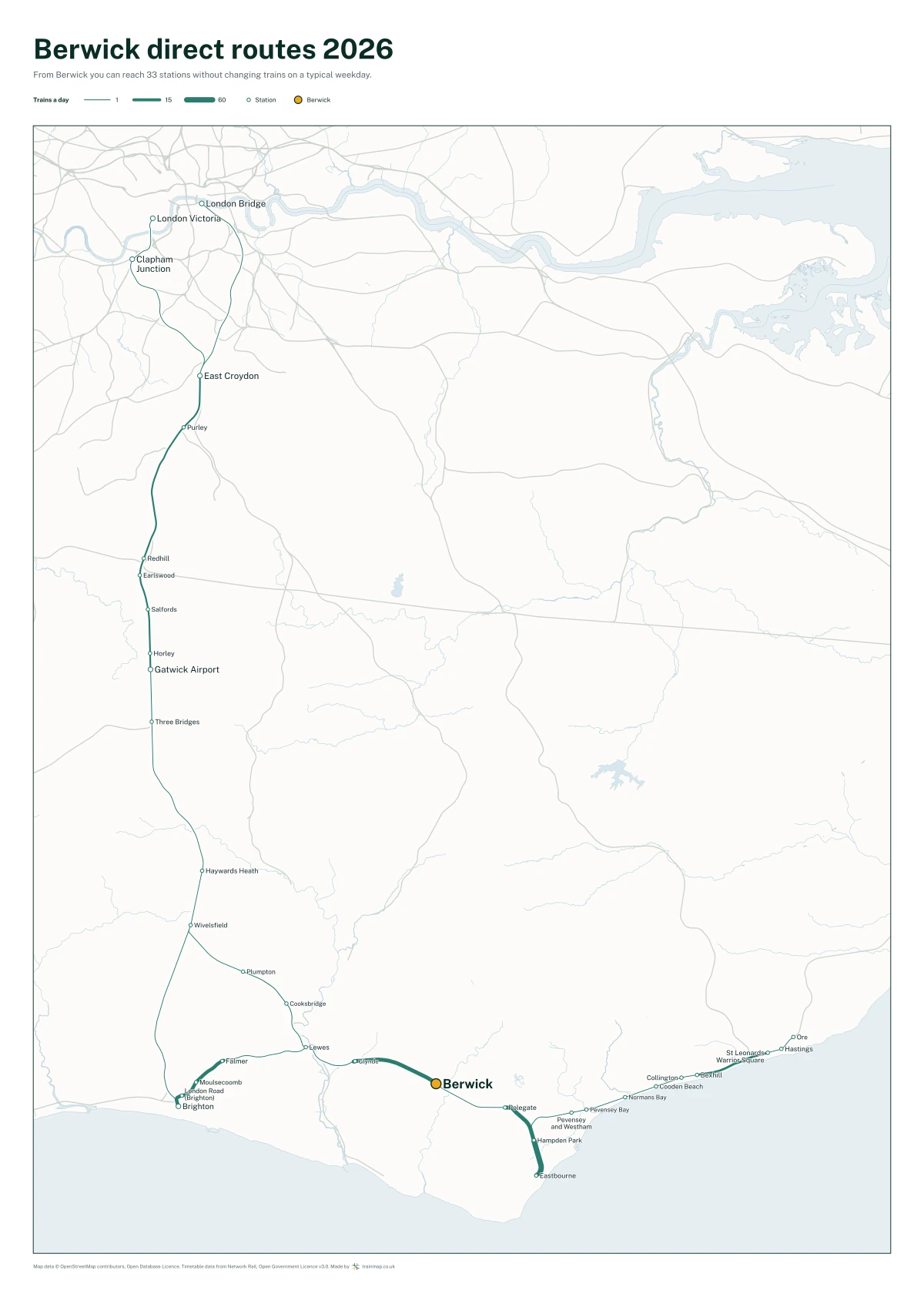 Berwick direct routes 2026: a map of every station you can reach from Berwick without changing trains, the lines thicker where more trains run