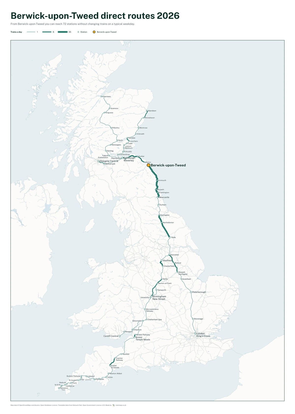 Berwick-upon-Tweed direct routes 2026: a map of every station you can reach from Berwick-upon-Tweed without changing trains, the lines thicker where more trains run