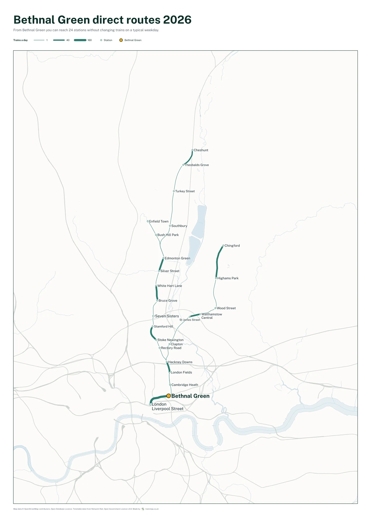 Bethnal Green direct routes 2026: a map of every station you can reach from Bethnal Green without changing trains, the lines thicker where more trains run