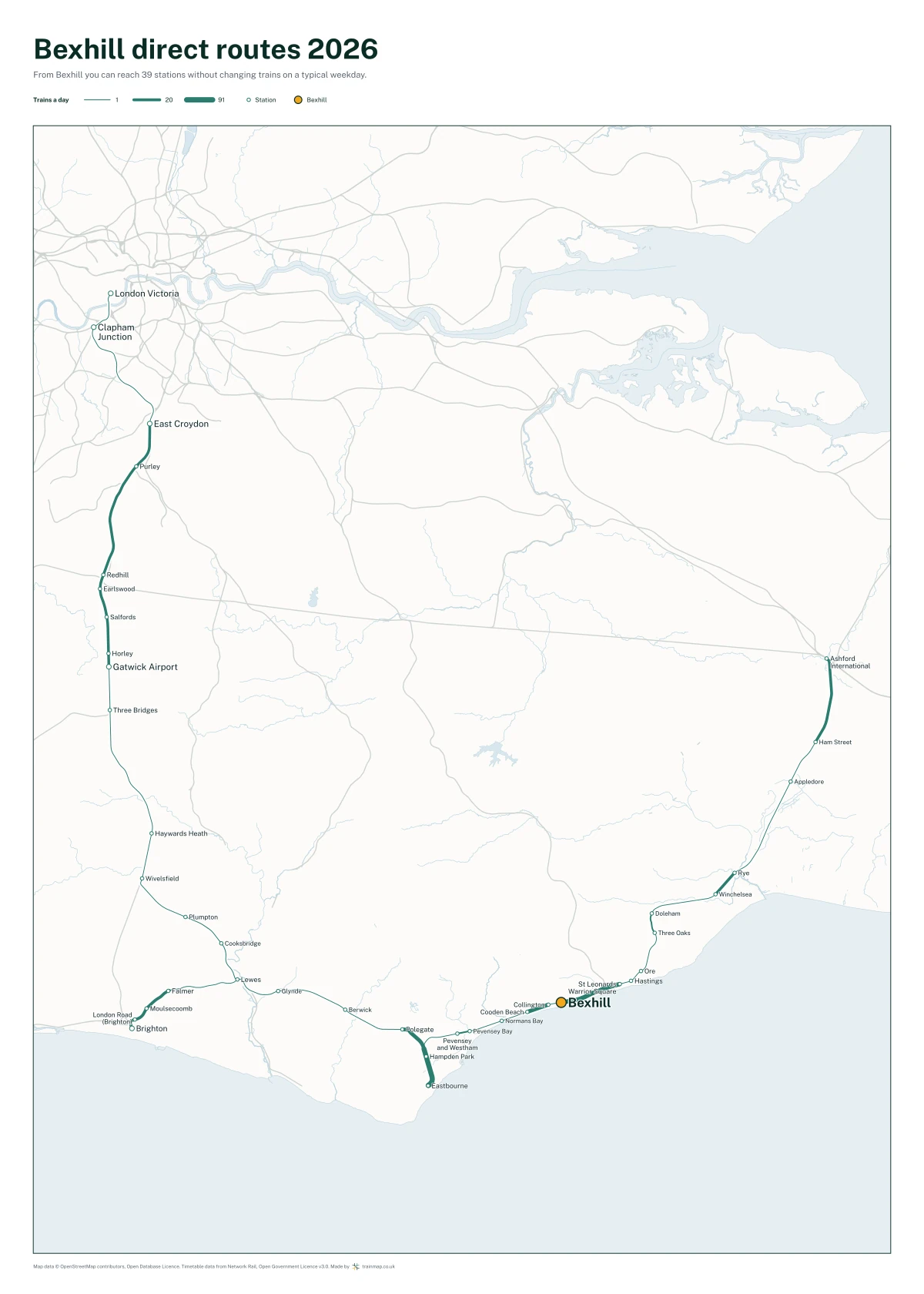 Bexhill direct routes 2026: a map of every station you can reach from Bexhill without changing trains, the lines thicker where more trains run