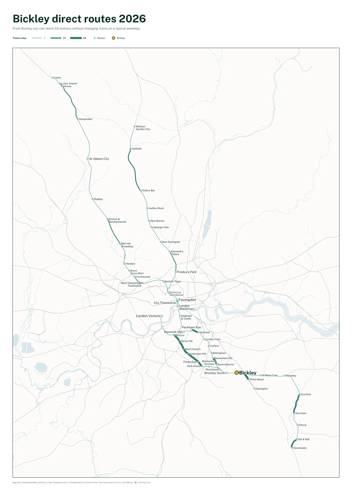 Bickley direct routes 2026: a map of every station you can reach from Bickley without changing trains, the lines thicker where more trains run