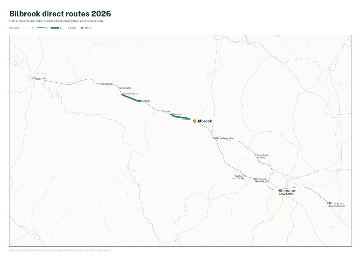 Bilbrook direct routes 2026: a map of every station you can reach from Bilbrook without changing trains, the lines thicker where more trains run