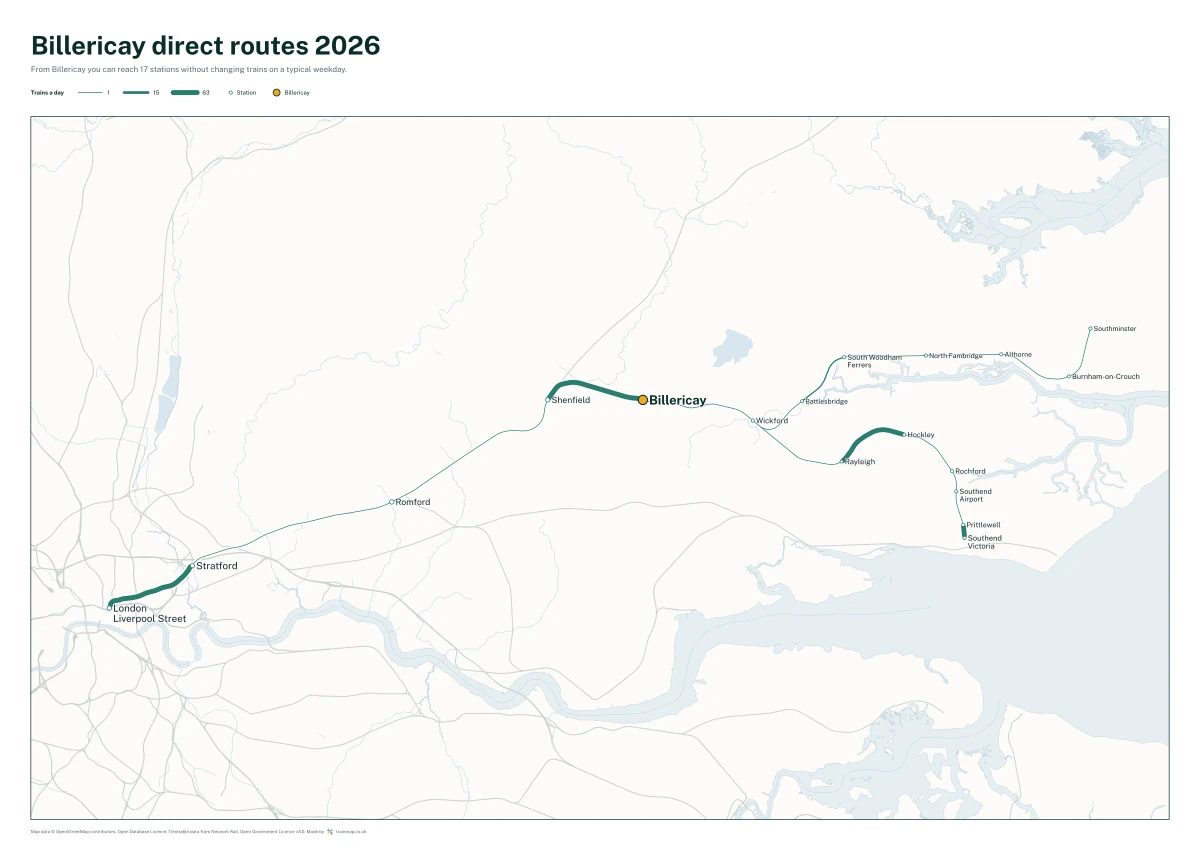 Billericay direct routes 2026: a map of every station you can reach from Billericay without changing trains, the lines thicker where more trains run