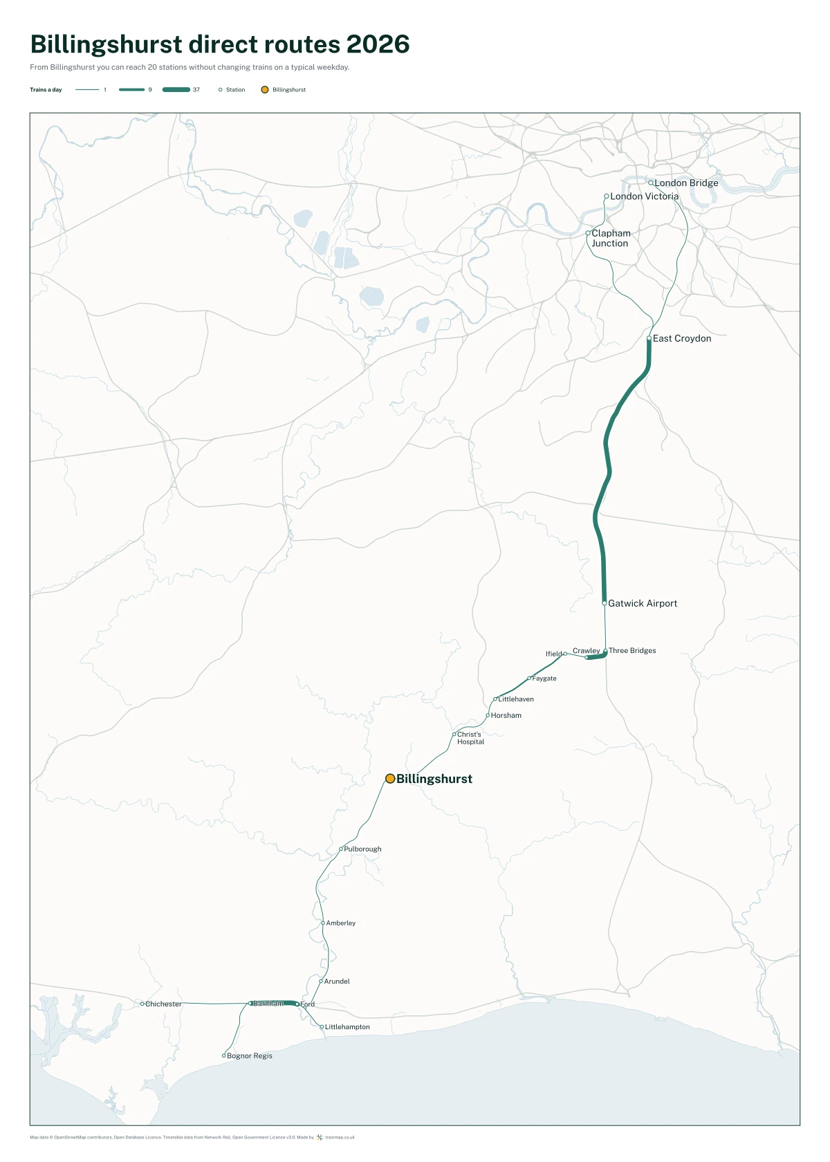 Billingshurst direct routes 2026: a map of every station you can reach from Billingshurst without changing trains, the lines thicker where more trains run