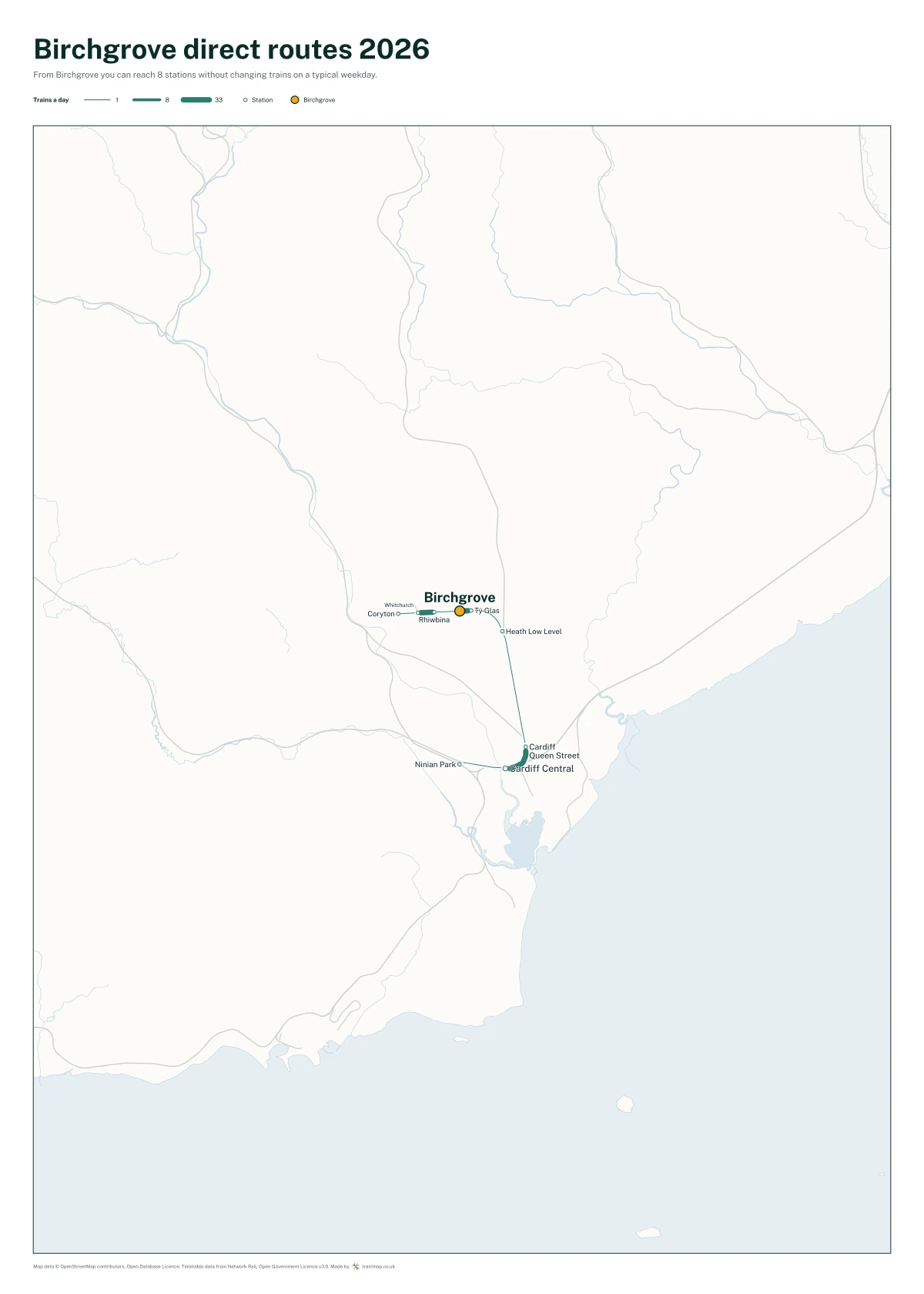 Birchgrove direct routes 2026: a map of every station you can reach from Birchgrove without changing trains, the lines thicker where more trains run