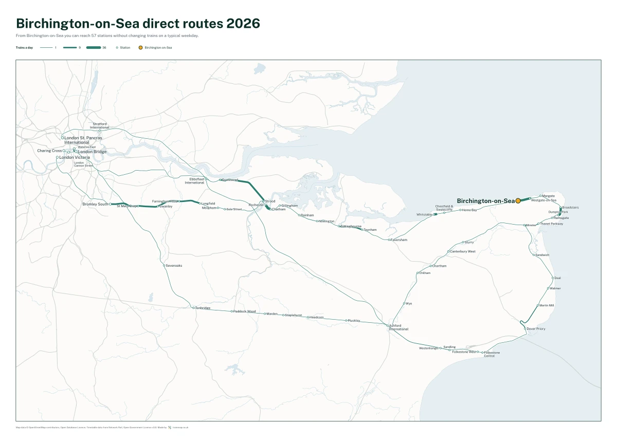 Birchington-on-Sea direct routes 2026: a map of every station you can reach from Birchington-on-Sea without changing trains, the lines thicker where more trains run
