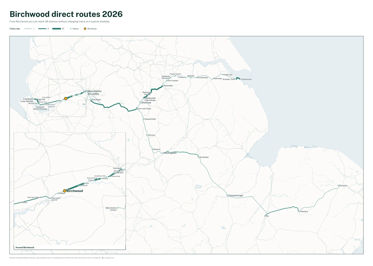 Birchwood direct routes 2026: a map of every station you can reach from Birchwood without changing trains, the lines thicker where more trains run