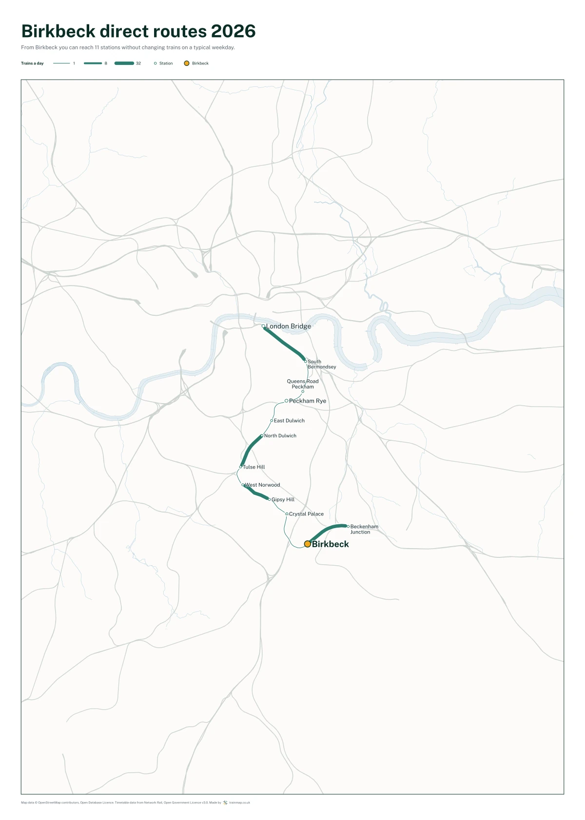 Birkbeck direct routes 2026: a map of every station you can reach from Birkbeck without changing trains, the lines thicker where more trains run