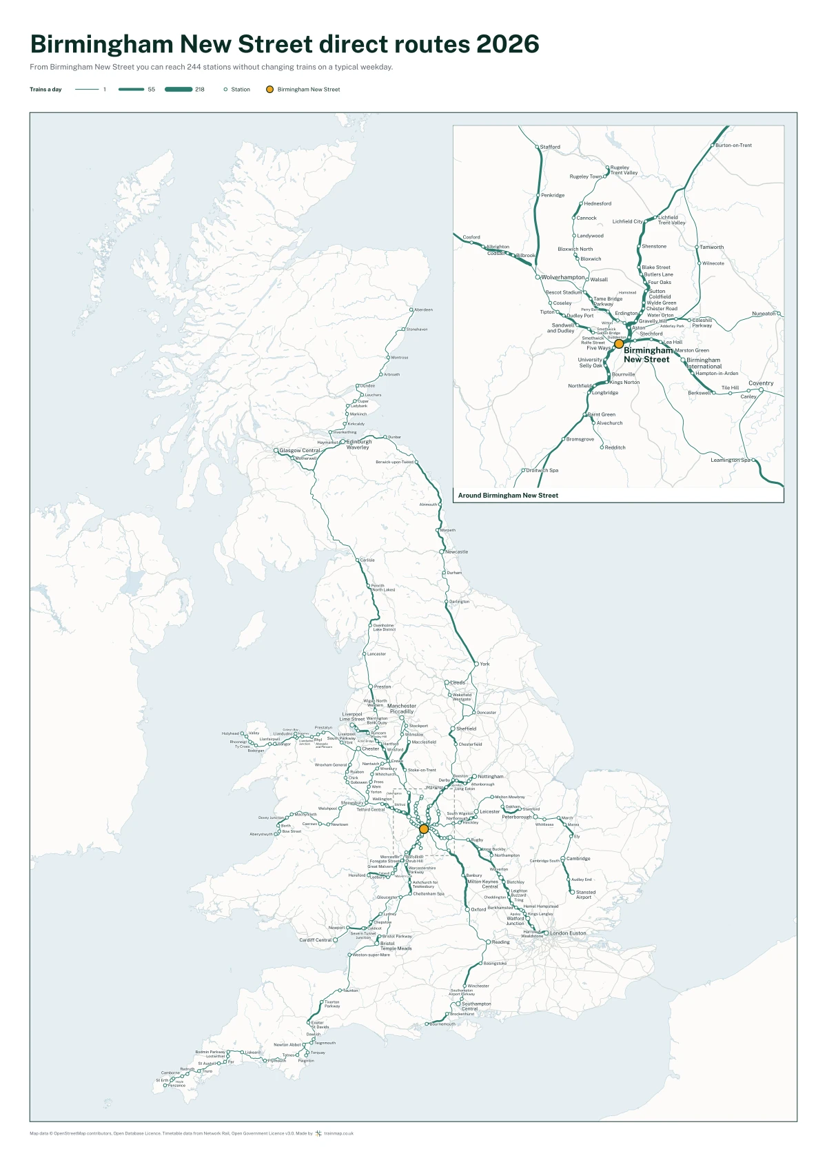Birmingham New Street direct routes 2026: a map of every station you can reach from Birmingham New Street without changing trains, the lines thicker where more trains run