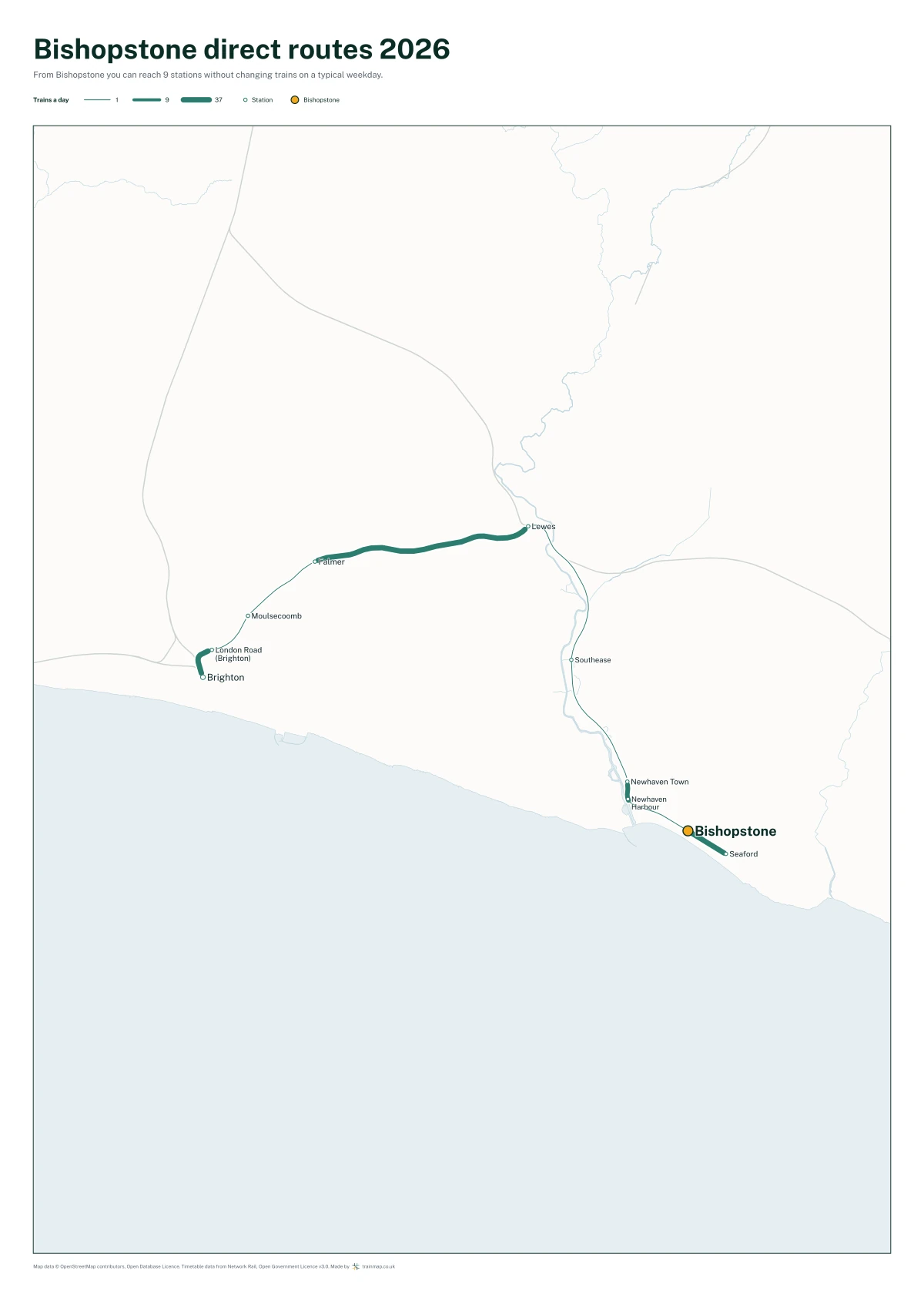 Bishopstone direct routes 2026: a map of every station you can reach from Bishopstone without changing trains, the lines thicker where more trains run