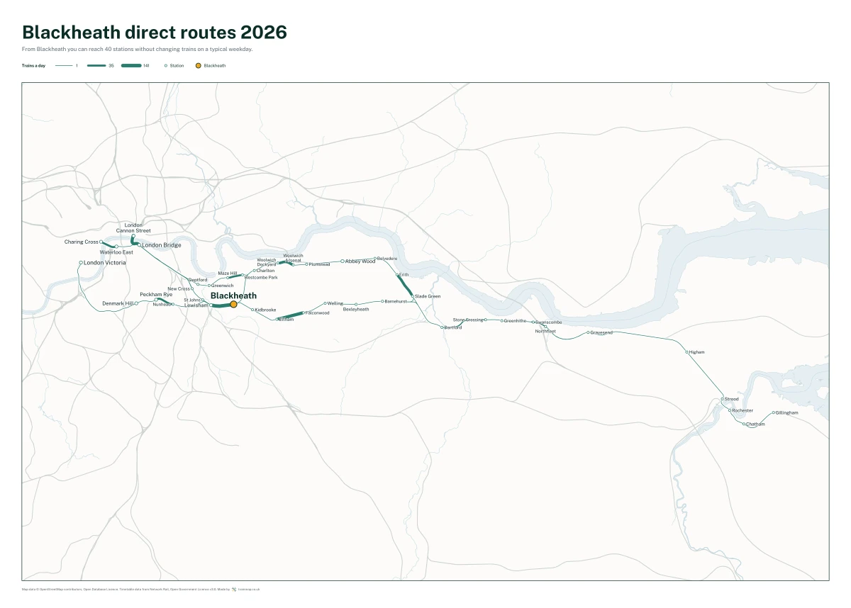 Blackheath direct routes 2026: a map of every station you can reach from Blackheath without changing trains, the lines thicker where more trains run