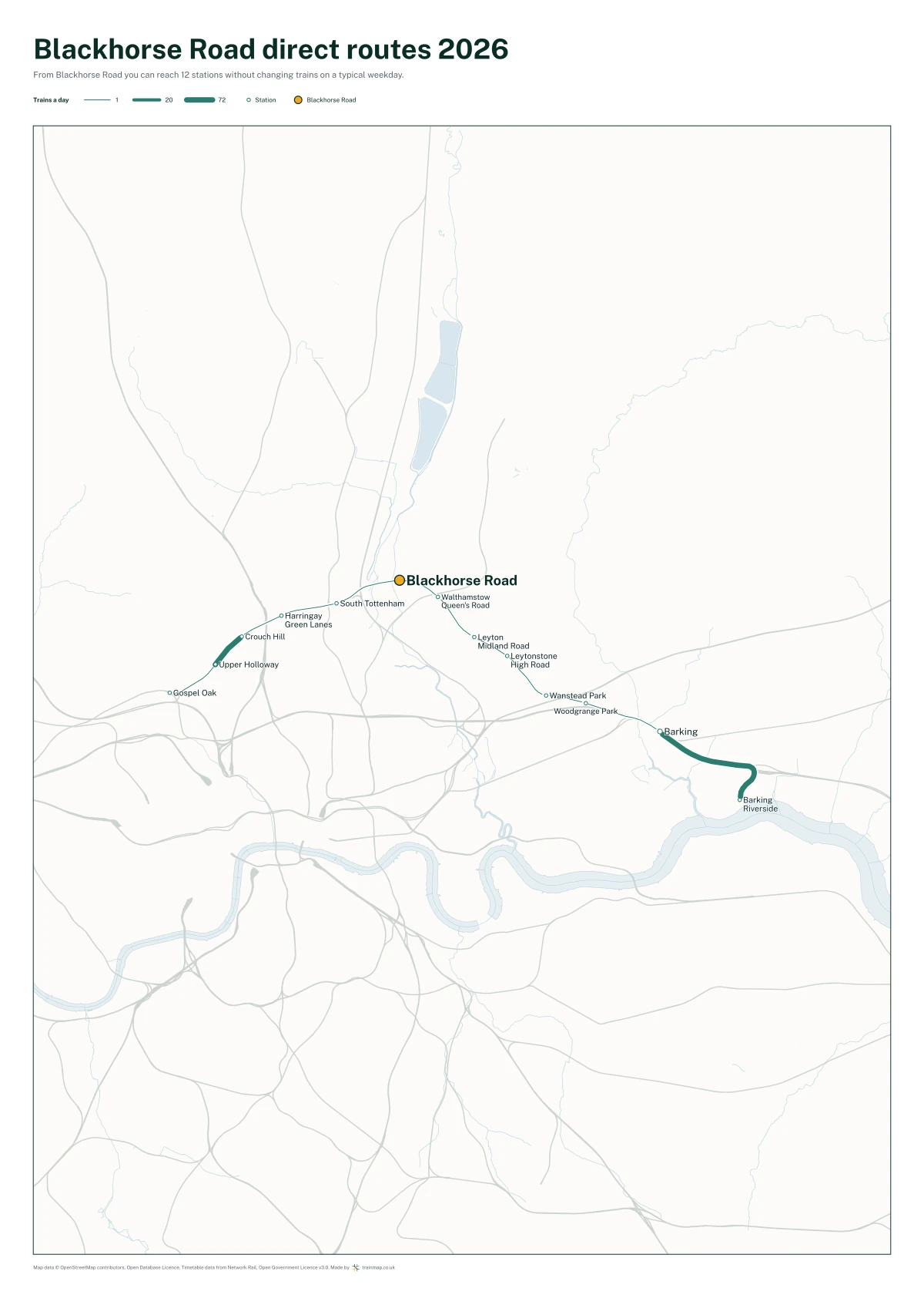 Blackhorse Road direct routes 2026: a map of every station you can reach from Blackhorse Road without changing trains, the lines thicker where more trains run