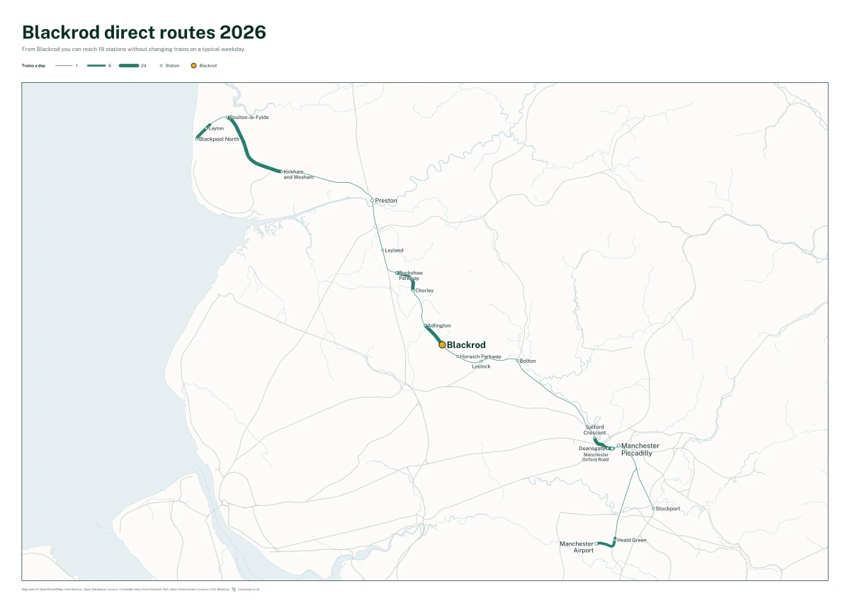 Blackrod direct routes 2026: a map of every station you can reach from Blackrod without changing trains, the lines thicker where more trains run
