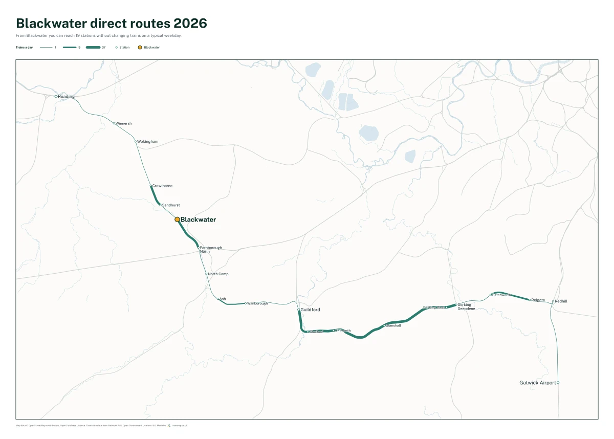 Blackwater direct routes 2026: a map of every station you can reach from Blackwater without changing trains, the lines thicker where more trains run