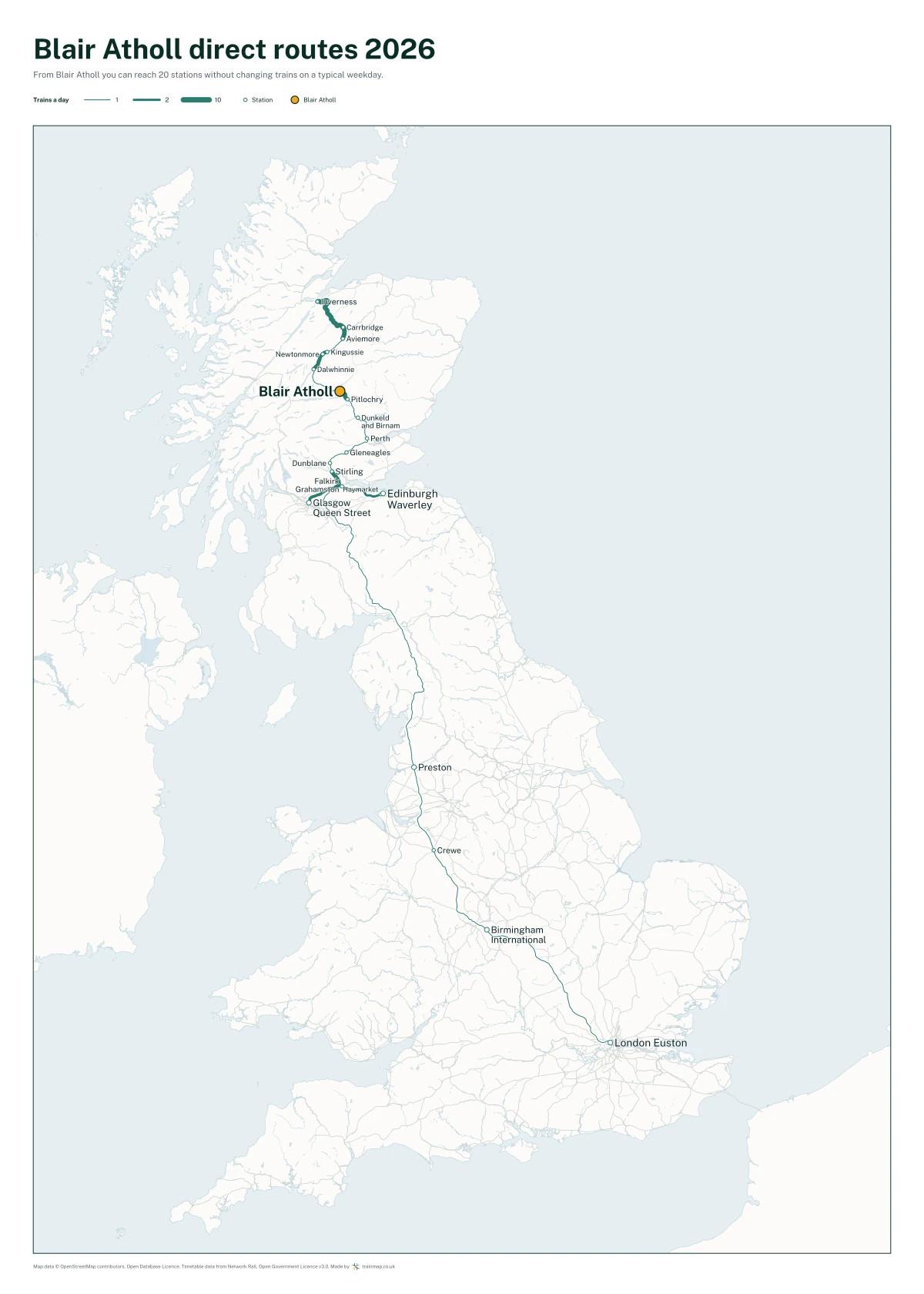 Blair Atholl direct routes 2026: a map of every station you can reach from Blair Atholl without changing trains, the lines thicker where more trains run
