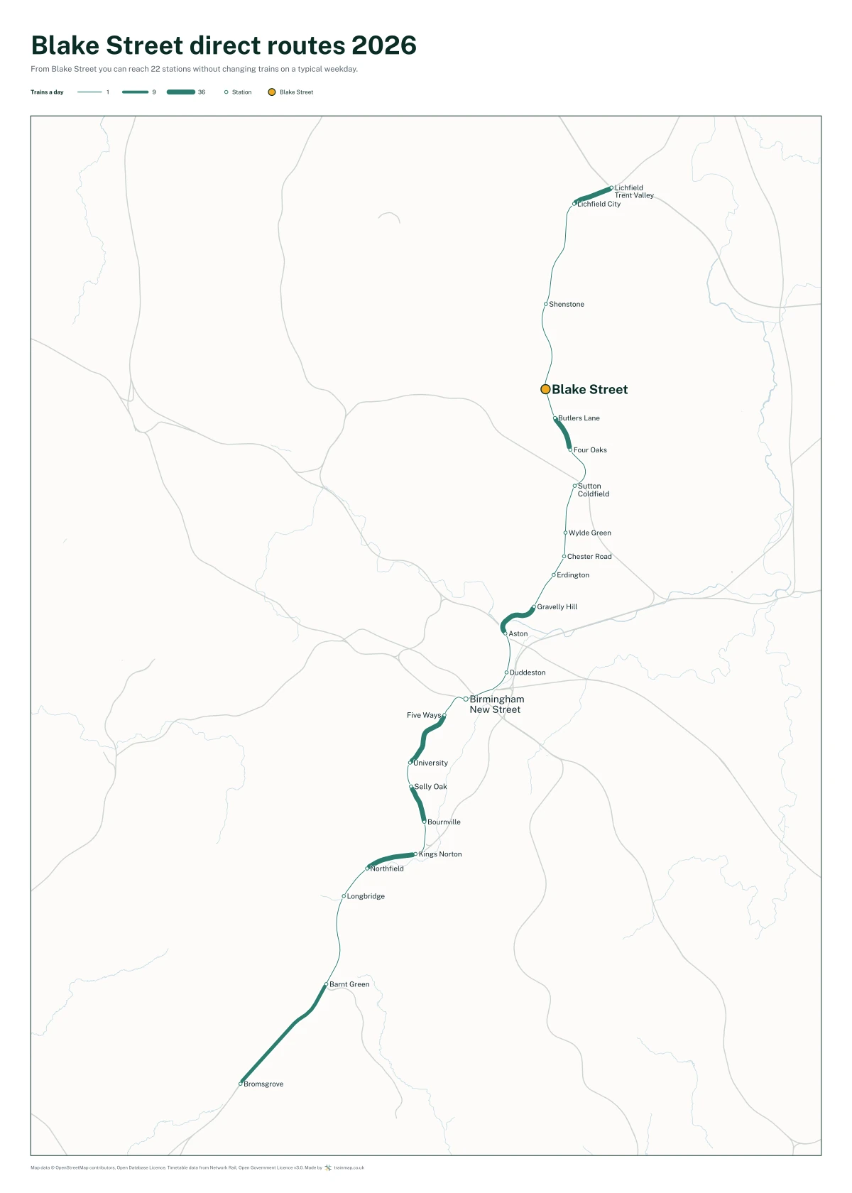 Blake Street direct routes 2026: a map of every station you can reach from Blake Street without changing trains, the lines thicker where more trains run