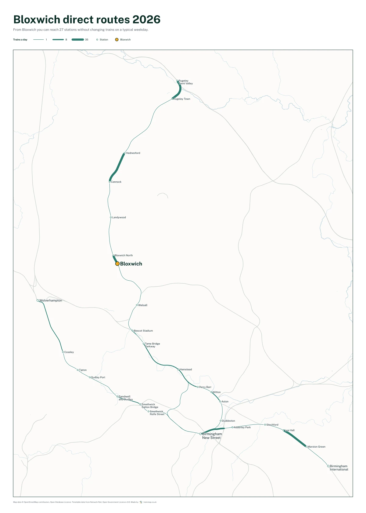 Bloxwich direct routes 2026: a map of every station you can reach from Bloxwich without changing trains, the lines thicker where more trains run