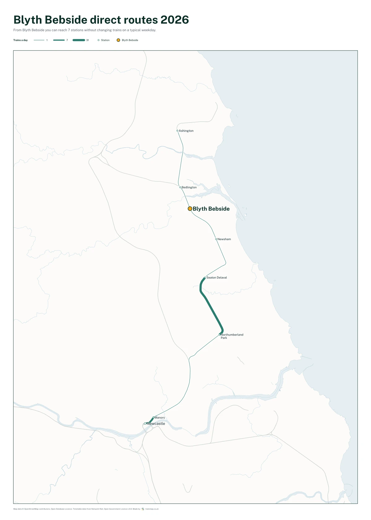 Blyth Bebside direct routes 2026: a map of every station you can reach from Blyth Bebside without changing trains, the lines thicker where more trains run