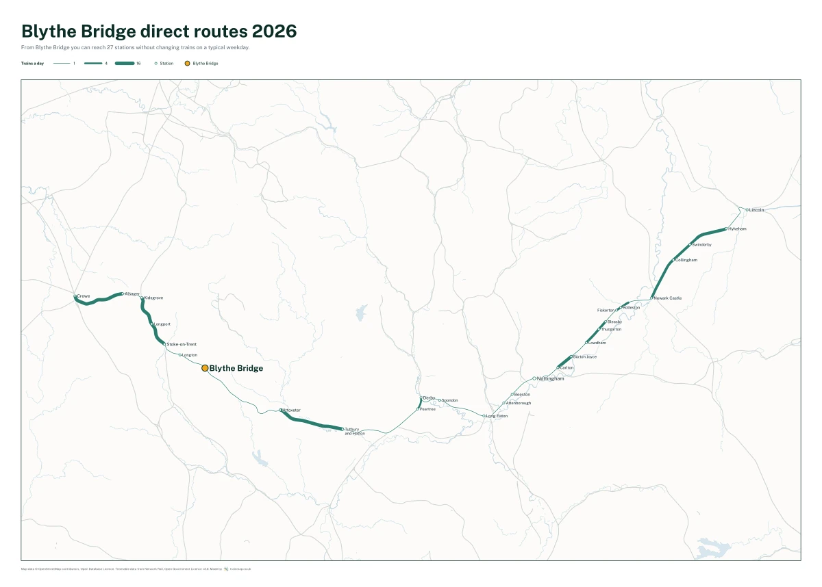 Blythe Bridge direct routes 2026: a map of every station you can reach from Blythe Bridge without changing trains, the lines thicker where more trains run