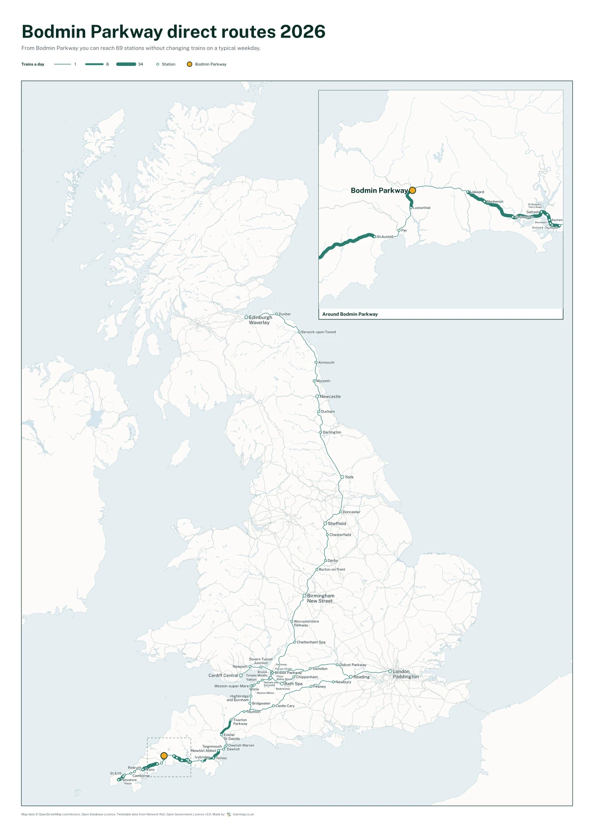 Bodmin Parkway direct routes 2026: a map of every station you can reach from Bodmin Parkway without changing trains, the lines thicker where more trains run