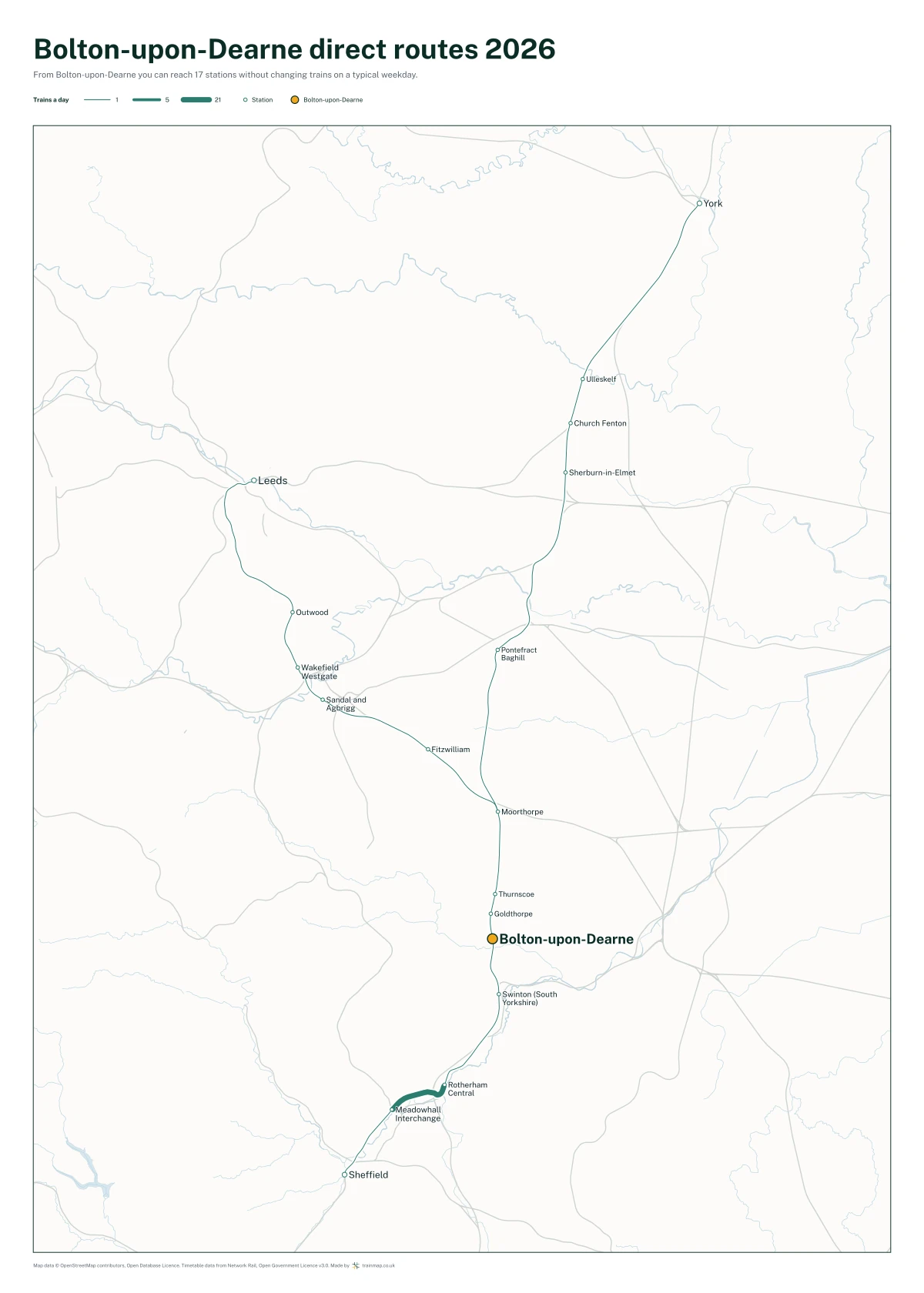 Bolton-upon-Dearne direct routes 2026: a map of every station you can reach from Bolton-upon-Dearne without changing trains, the lines thicker where more trains run