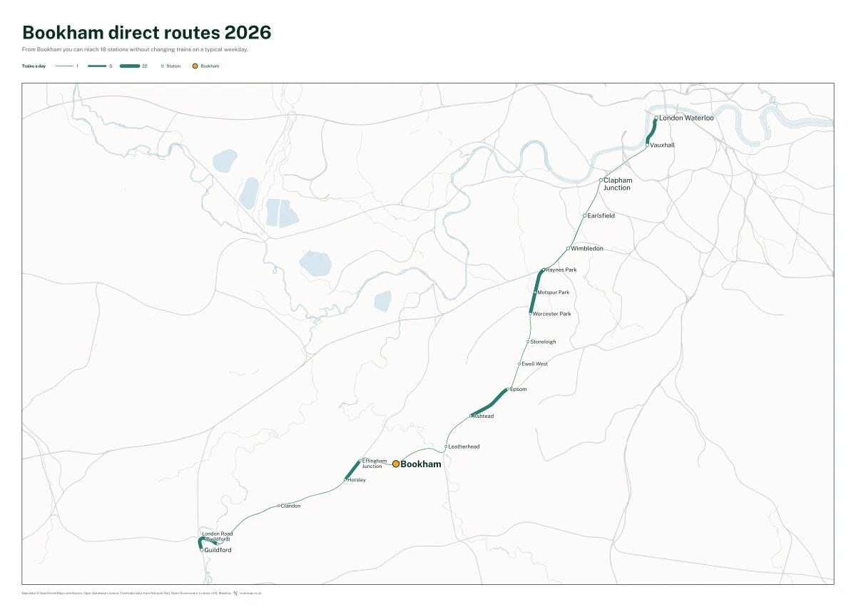 Bookham direct routes 2026: a map of every station you can reach from Bookham without changing trains, the lines thicker where more trains run