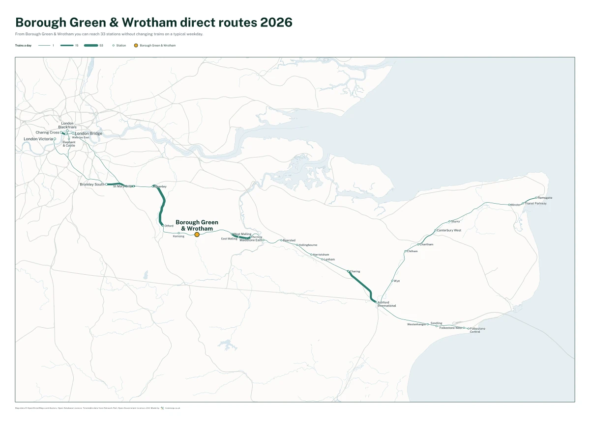 Borough Green & Wrotham direct routes 2026: a map of every station you can reach from Borough Green & Wrotham without changing trains, the lines thicker where more trains run