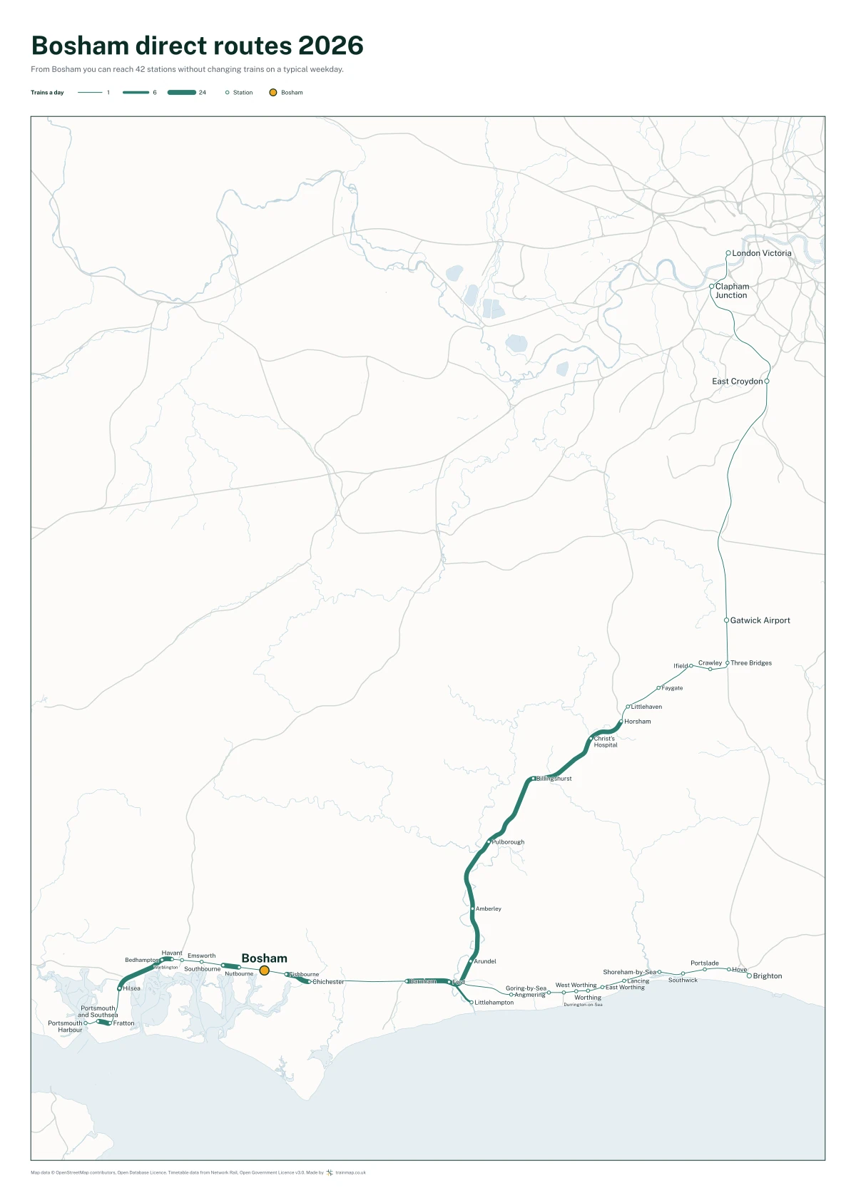 Bosham direct routes 2026: a map of every station you can reach from Bosham without changing trains, the lines thicker where more trains run