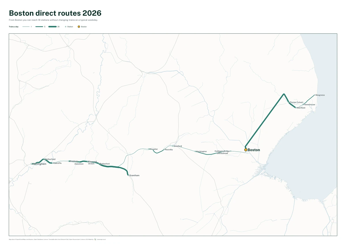 Boston direct routes 2026: a map of every station you can reach from Boston without changing trains, the lines thicker where more trains run