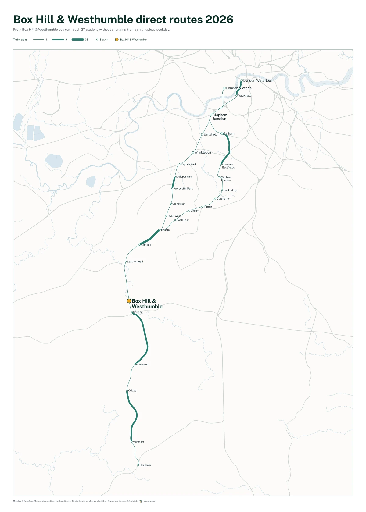 Box Hill & Westhumble direct routes 2026: a map of every station you can reach from Box Hill & Westhumble without changing trains, the lines thicker where more trains run