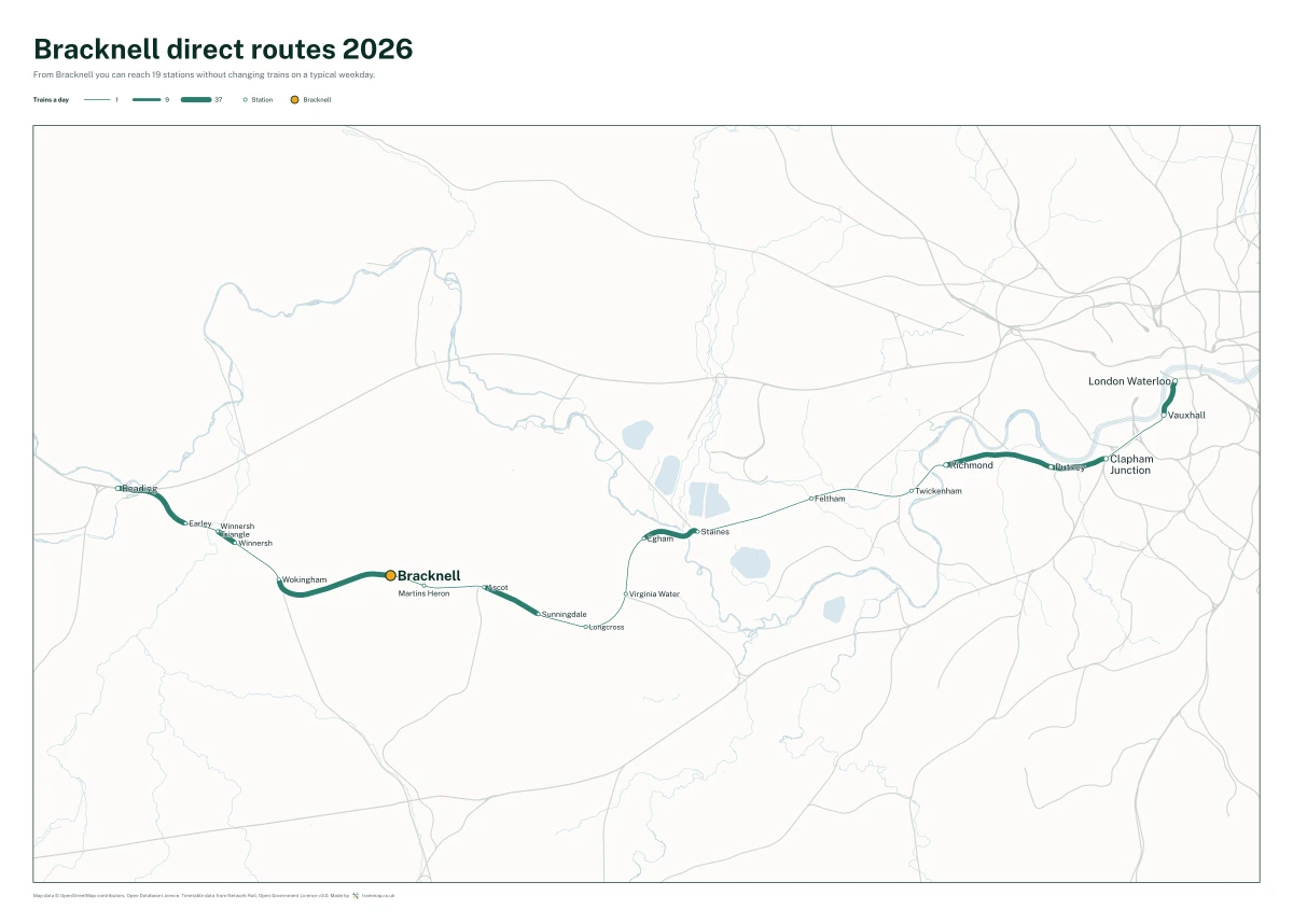 Bracknell direct routes 2026: a map of every station you can reach from Bracknell without changing trains, the lines thicker where more trains run
