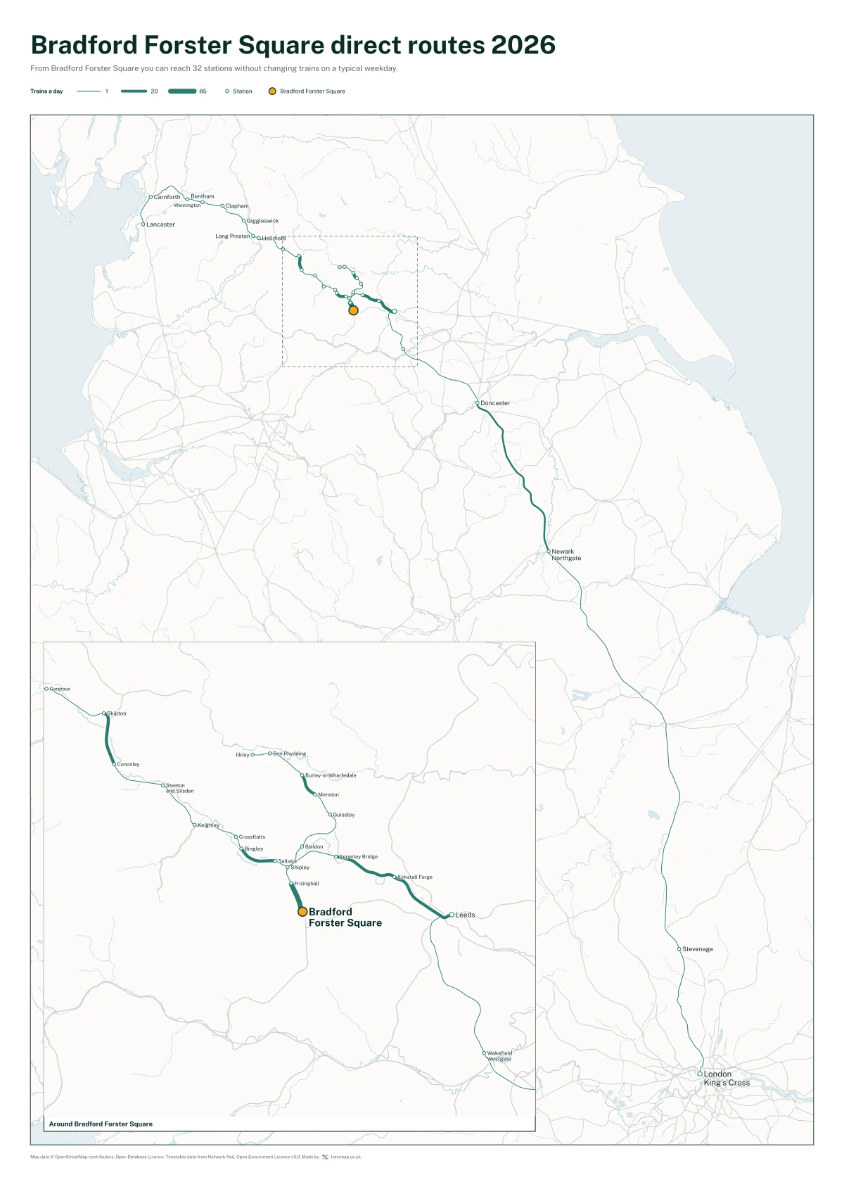Bradford Forster Square direct routes 2026: a map of every station you can reach from Bradford Forster Square without changing trains, the lines thicker where more trains run