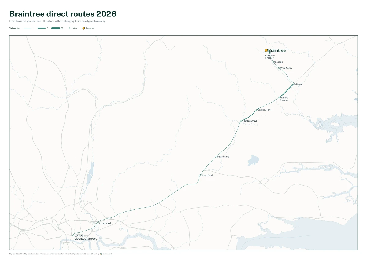 Braintree direct routes 2026: a map of every station you can reach from Braintree without changing trains, the lines thicker where more trains run