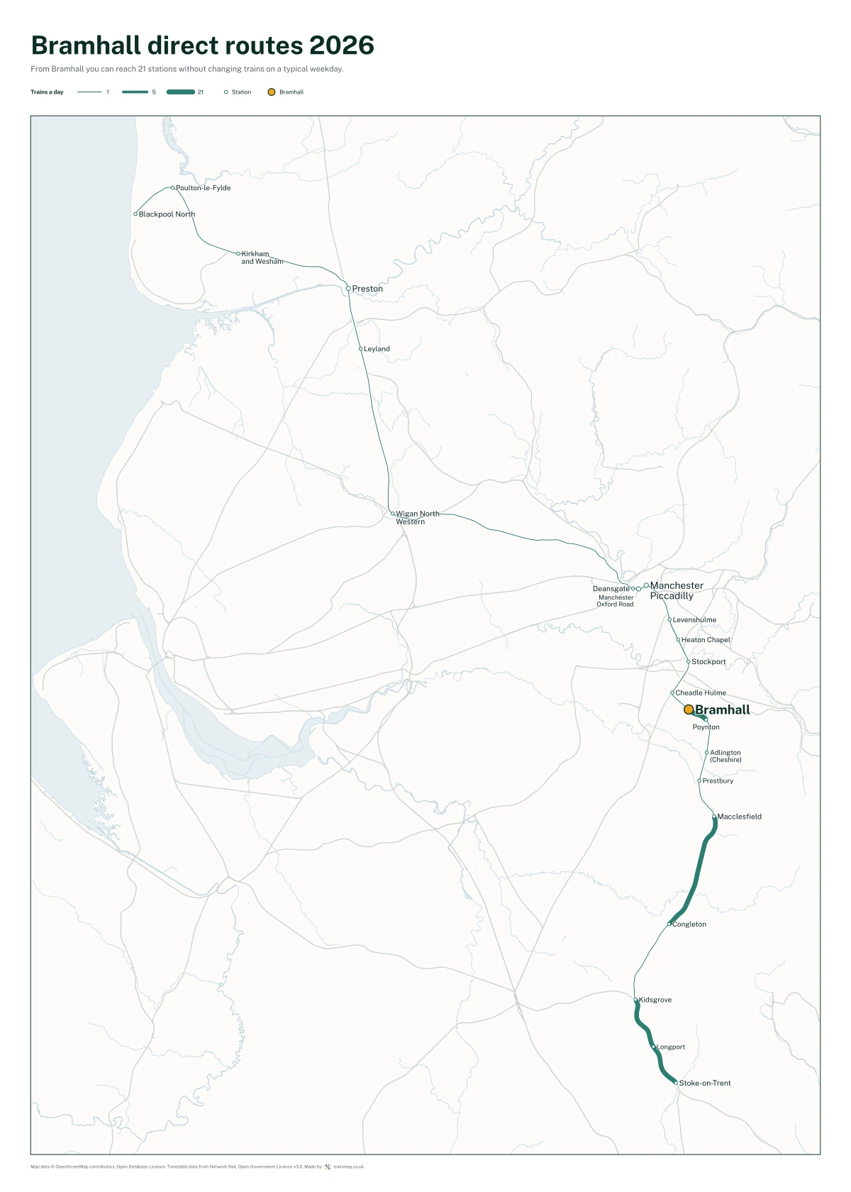 Bramhall direct routes 2026: a map of every station you can reach from Bramhall without changing trains, the lines thicker where more trains run