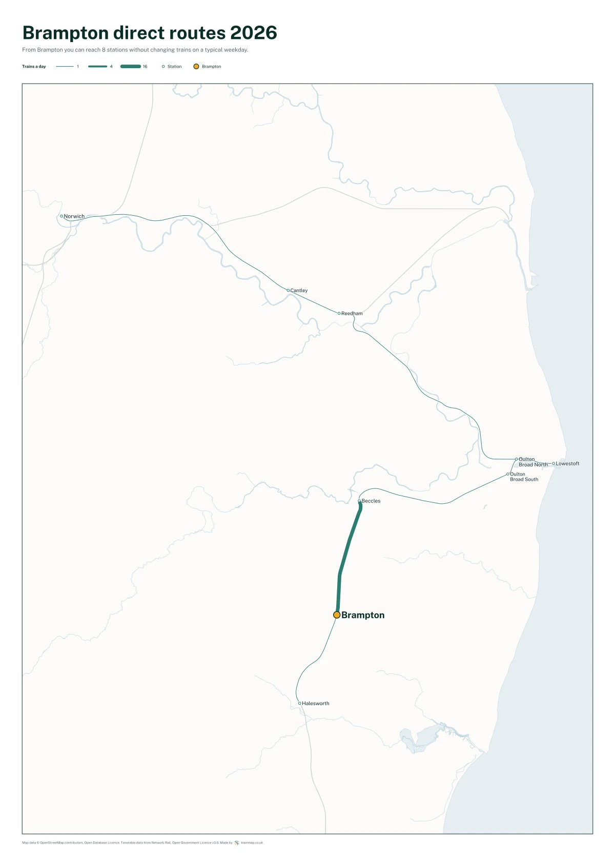 Brampton (Suffolk) direct routes 2026: a map of every station you can reach from Brampton (Suffolk) without changing trains, the lines thicker where more trains run