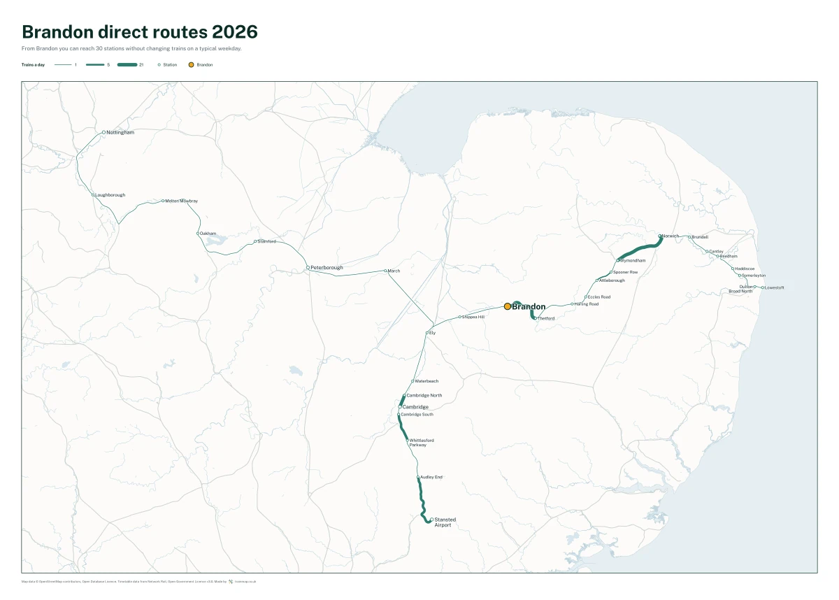 Brandon direct routes 2026: a map of every station you can reach from Brandon without changing trains, the lines thicker where more trains run