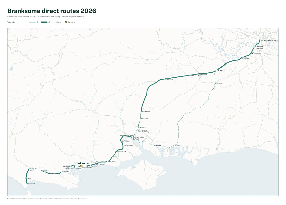 Branksome direct routes 2026: a map of every station you can reach from Branksome without changing trains, the lines thicker where more trains run