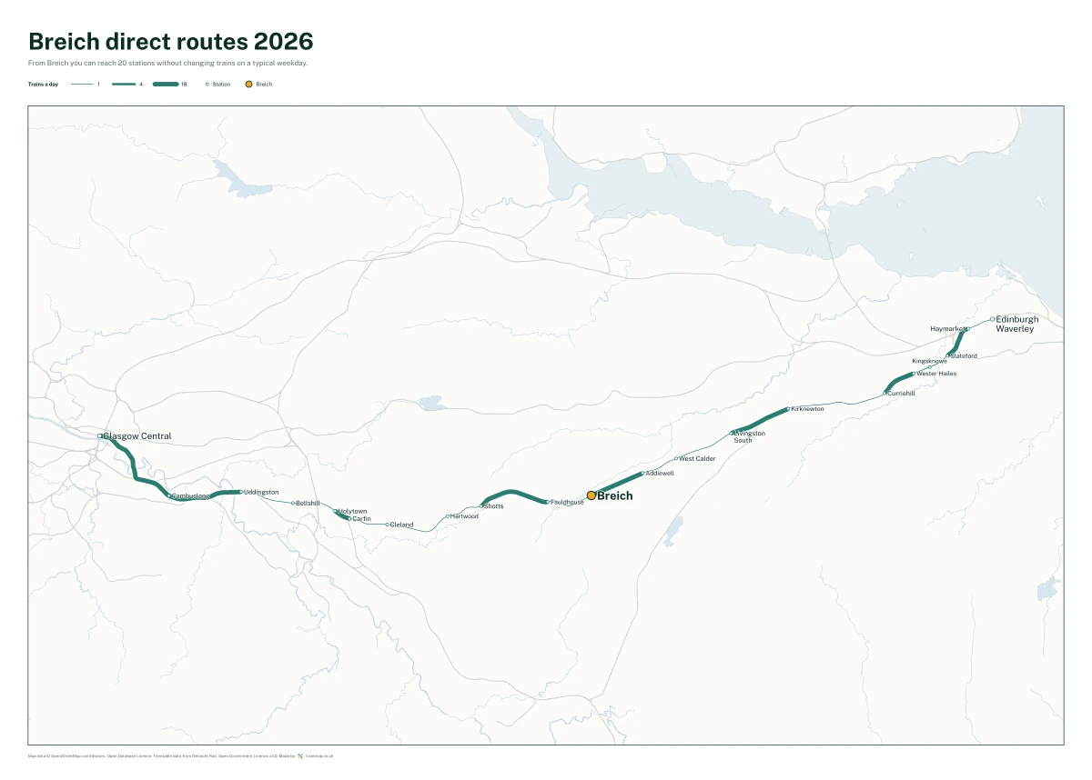 Breich direct routes 2026: a map of every station you can reach from Breich without changing trains, the lines thicker where more trains run
