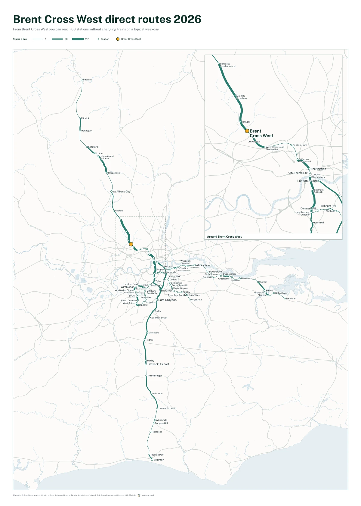 Brent Cross West direct routes 2026: a map of every station you can reach from Brent Cross West without changing trains, the lines thicker where more trains run