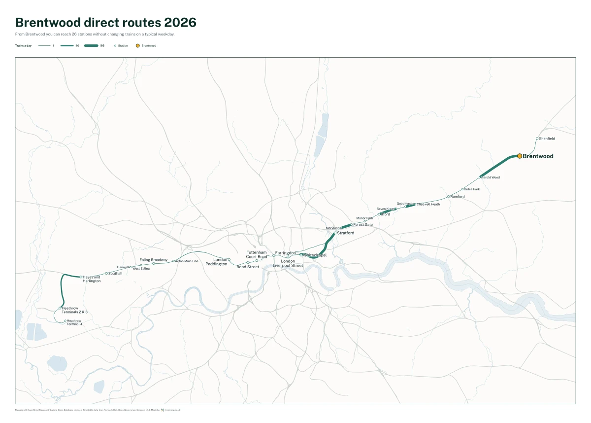Brentwood direct routes 2026: a map of every station you can reach from Brentwood without changing trains, the lines thicker where more trains run