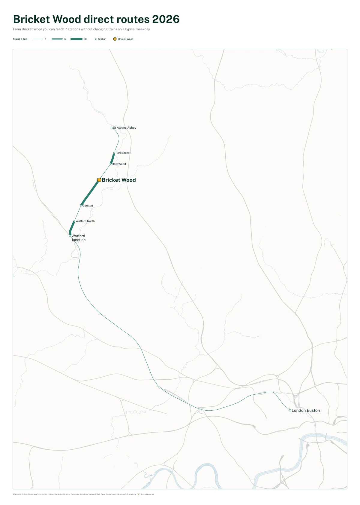 Bricket Wood direct routes 2026: a map of every station you can reach from Bricket Wood without changing trains, the lines thicker where more trains run
