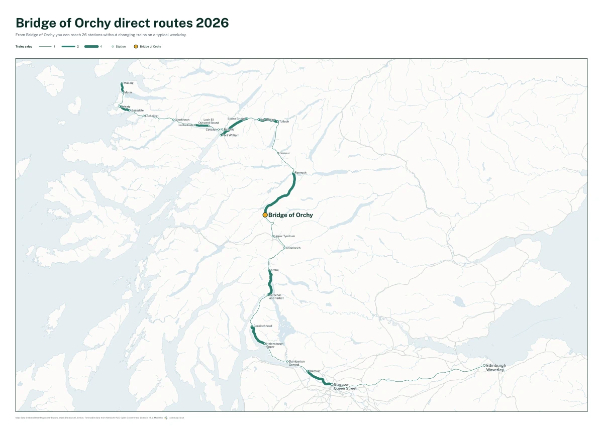 Bridge of Orchy direct routes 2026: a map of every station you can reach from Bridge of Orchy without changing trains, the lines thicker where more trains run