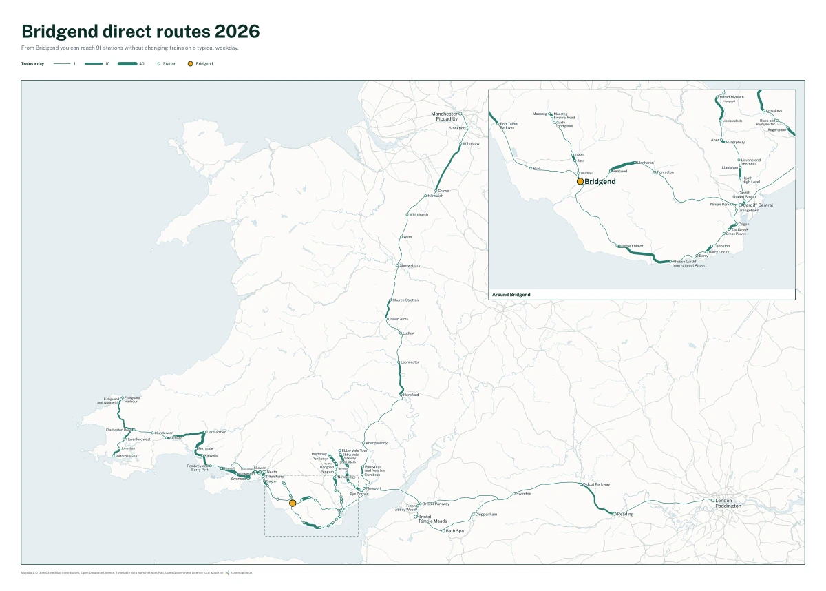 Bridgend direct routes 2026: a map of every station you can reach from Bridgend without changing trains, the lines thicker where more trains run