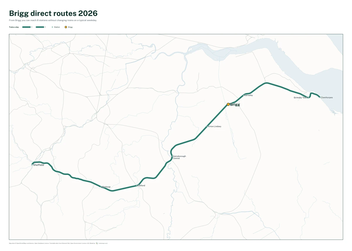 Brigg direct routes 2026: a map of every station you can reach from Brigg without changing trains, the lines thicker where more trains run